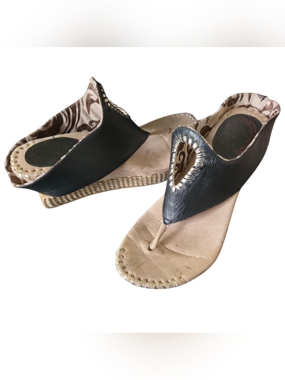Modzori Lucia Reversible Mid Wedge Sandals Black Tan Whipstitch Sz 8
